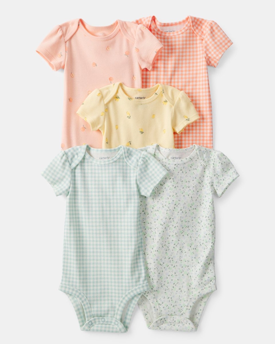 Pack cinco bodies de algodón, estampado de frutas