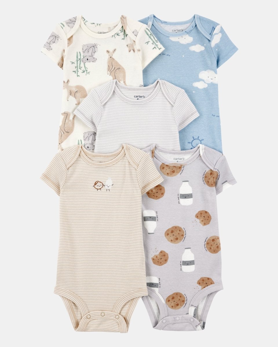 Pack cinco bodies de algodón, estampados de galletas y nubes