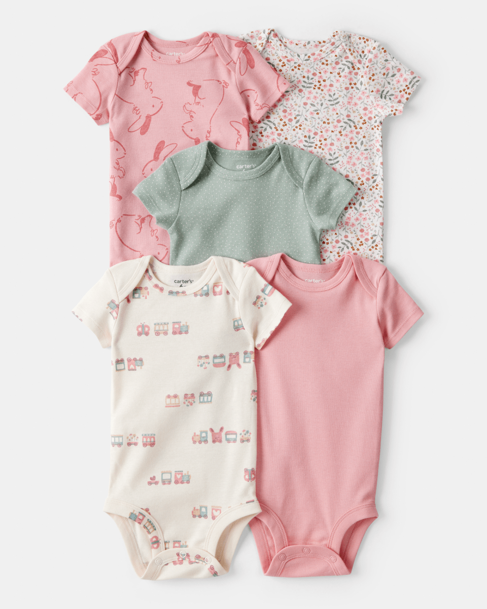 Pack cinco piezas body manga corta con tren y flores