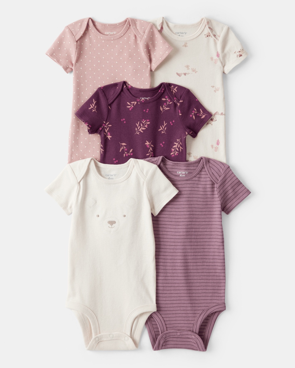 Pack cinco piezas body manga corta floral y oso