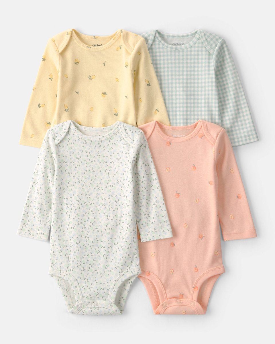 Pack cuatro bodies de algodón, estampados floral y de frutas