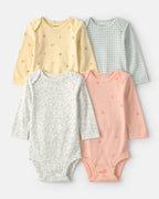 Pack cuatro bodies de algodón, estampados floral y de frutas