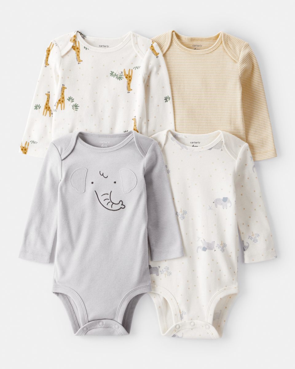 Pack cuatro bodies de algodón manga larga con estampado safari