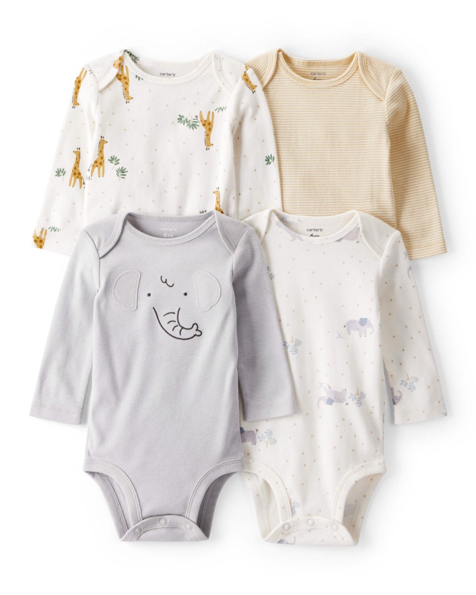 Pack cuatro bodies de algodón manga larga con estampado safari
