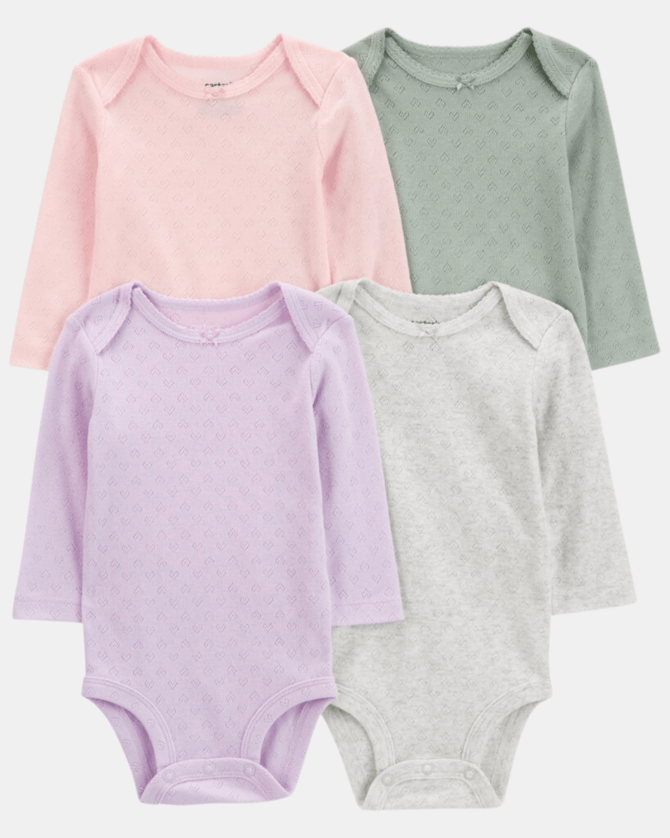 Pack cuatro bodies en lila, rosa, verde y gris