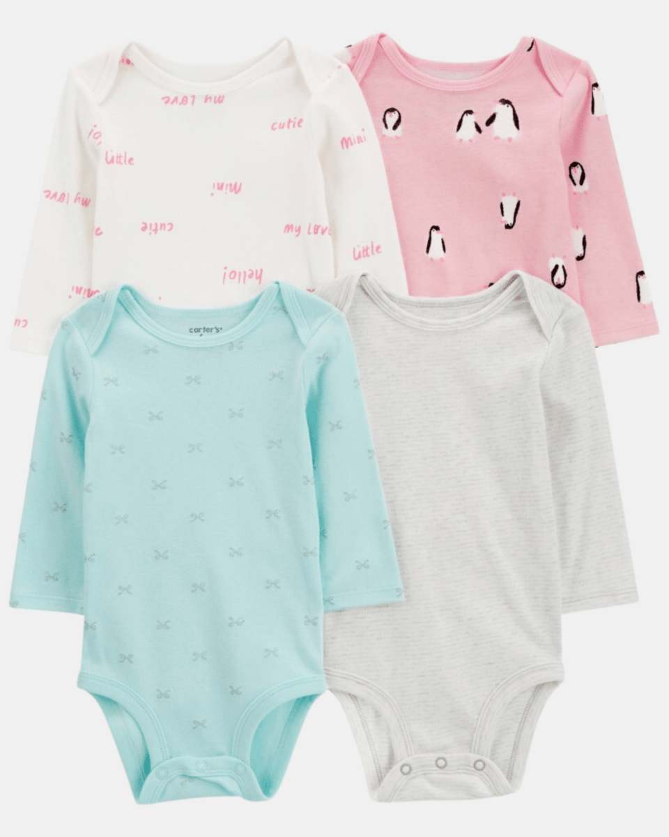 Pack cuatro bodies manga larga con corazones, rayas y lunares