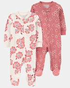 Pack de 2 pijamas de algodón con pies, estampado floral