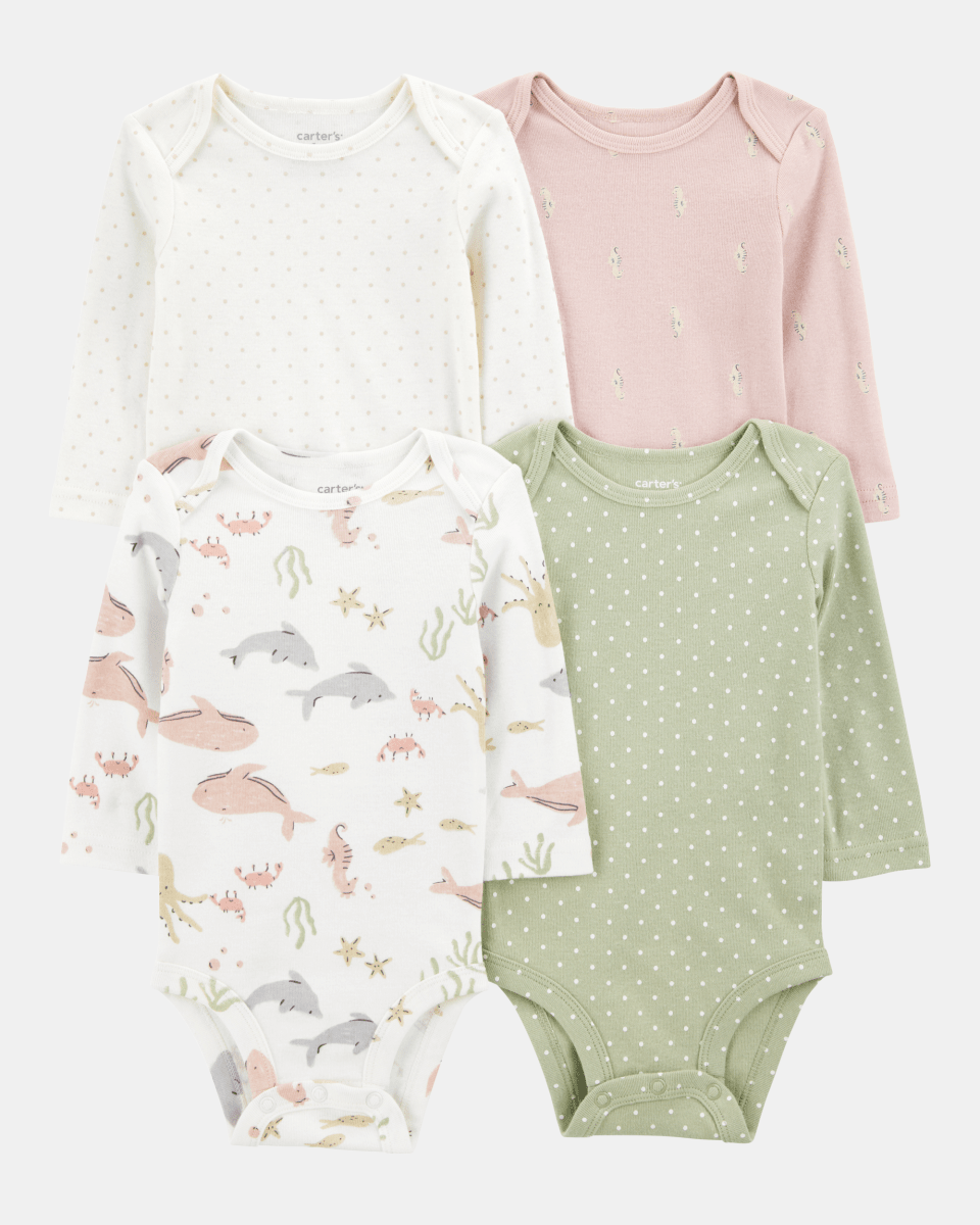 Pack de cuatro bodies de manga larga con estampado acuático, lunares y caballito de mar