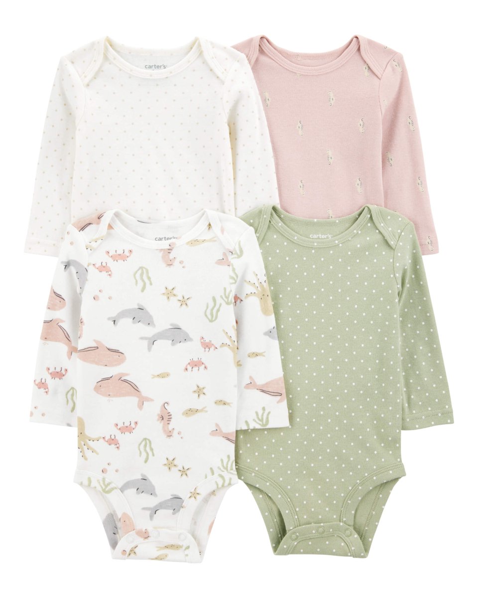 Pack de cuatro bodies de manga larga con estampado acuático, lunares y caballito de mar