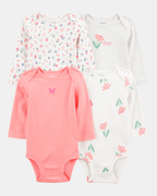 Pack de cuatro bodies de manga larga en rosa y gris con estampado floral