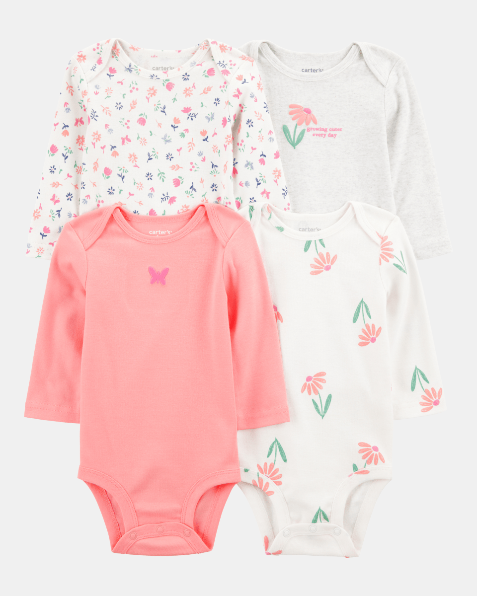 Pack de cuatro bodies de manga larga en rosa y gris con estampado floral