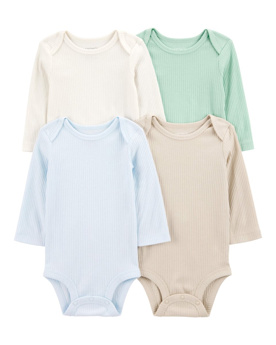 Pack de cuatro bodies de manga larga en verde, gris y azul