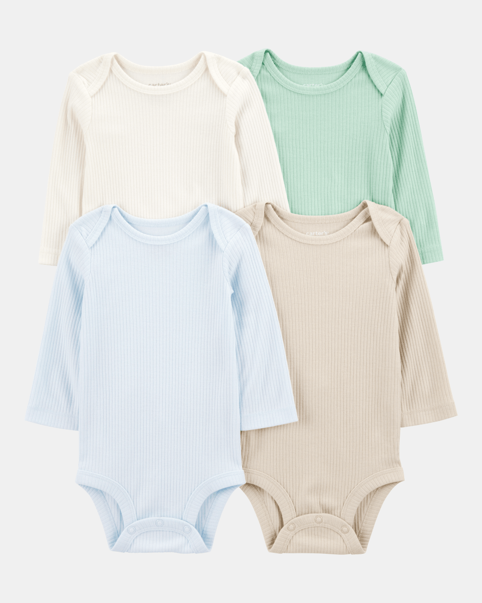 Pack de cuatro bodies de manga larga en verde, gris y azul
