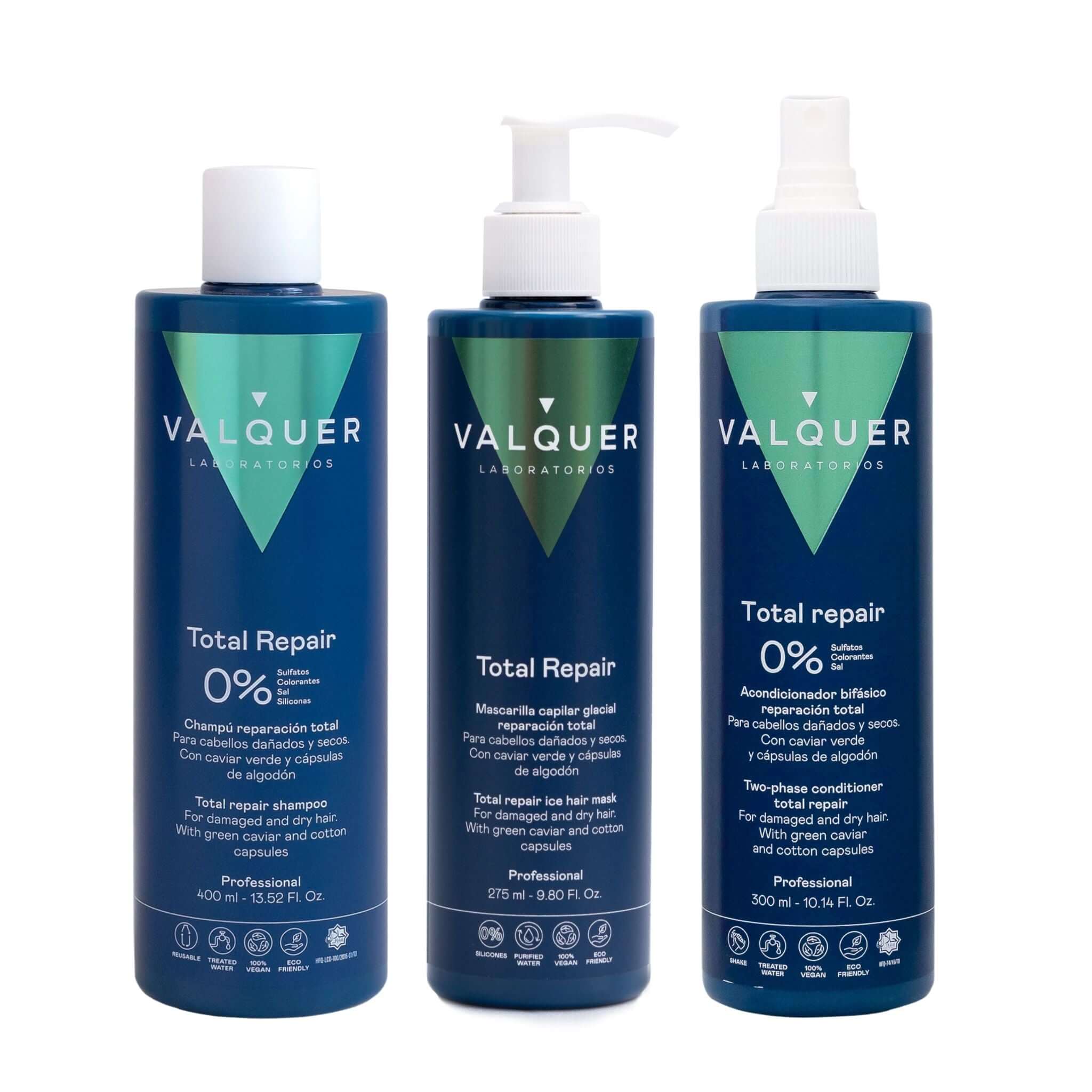 Pack Total Repair para Cabellos Dañados - Champú, Mascarilla y Acondicionador Bifásico - 975 ml