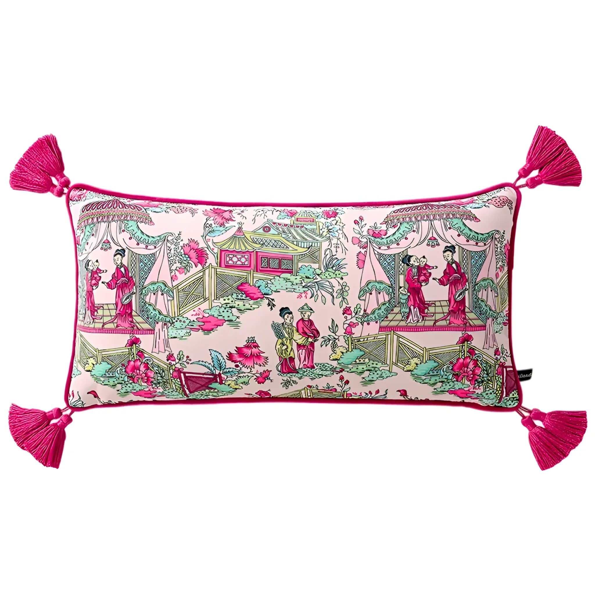 Pagoda Garden Chinoiserie Decorative Pillow Cover with Tassels