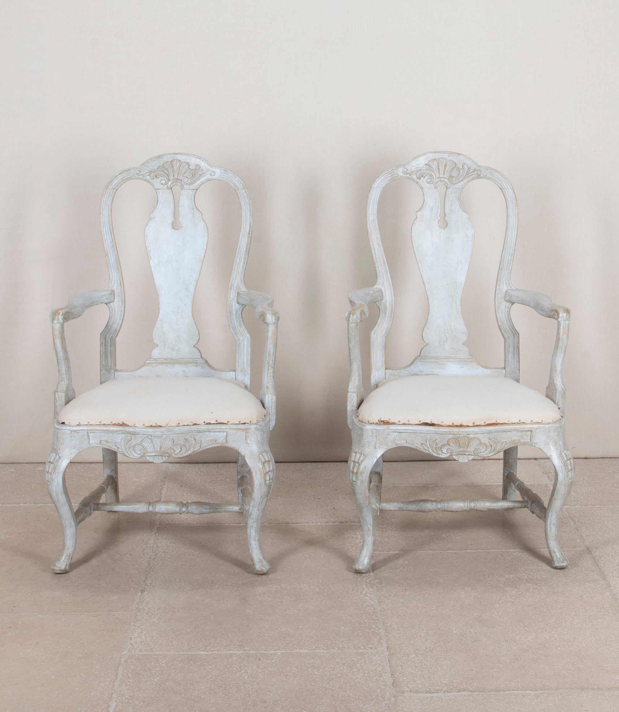 Pair of 19th Century Swedish Rococo Painted Open Armchairs By Sister Parish Design