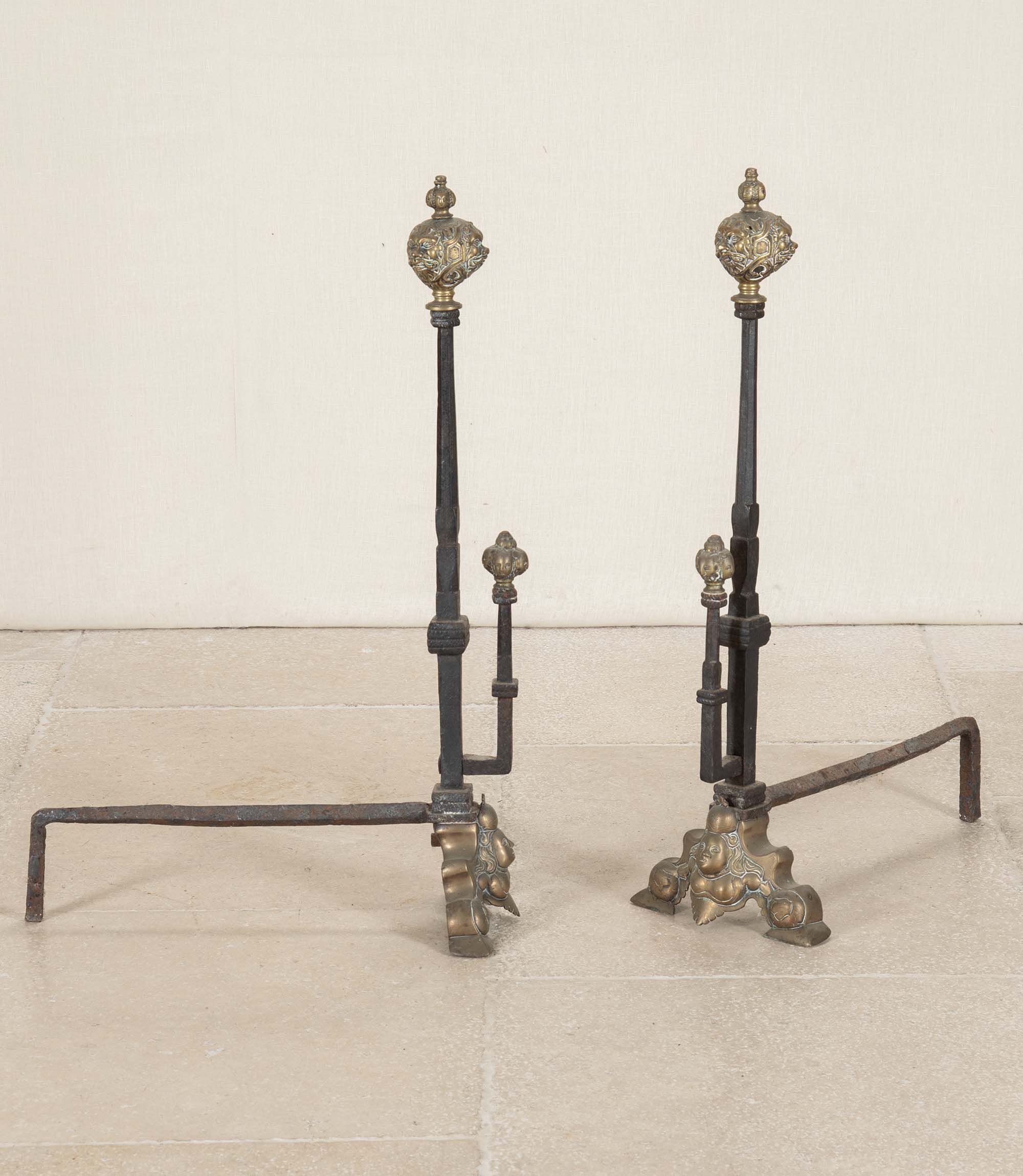 Pair of Early 19th Century Dutch Brass and Iron Fire Dogs By Sister Parish Design