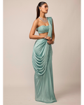 Powder Blue Satin Draped Sari Set By KYNAH, Luxury Indian Fashion & Bridal Wear
