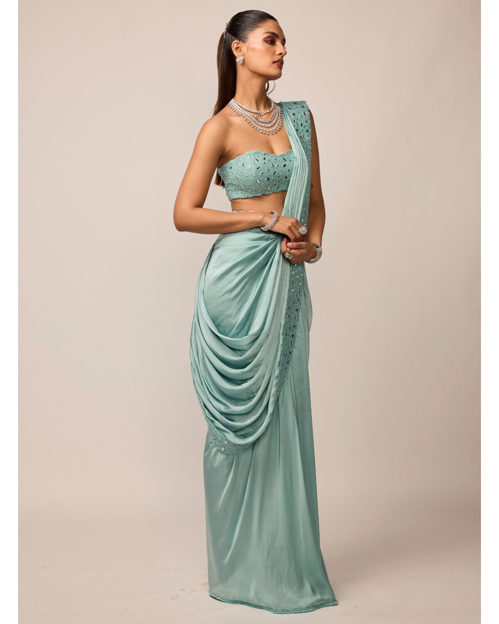 Powder Blue Satin Draped Sari Set By KYNAH, Luxury Indian Fashion & Bridal Wear