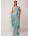 Powder Blue Draped Sari Set By KYNAH, Luxury Indian Fashion & Bridal Wear