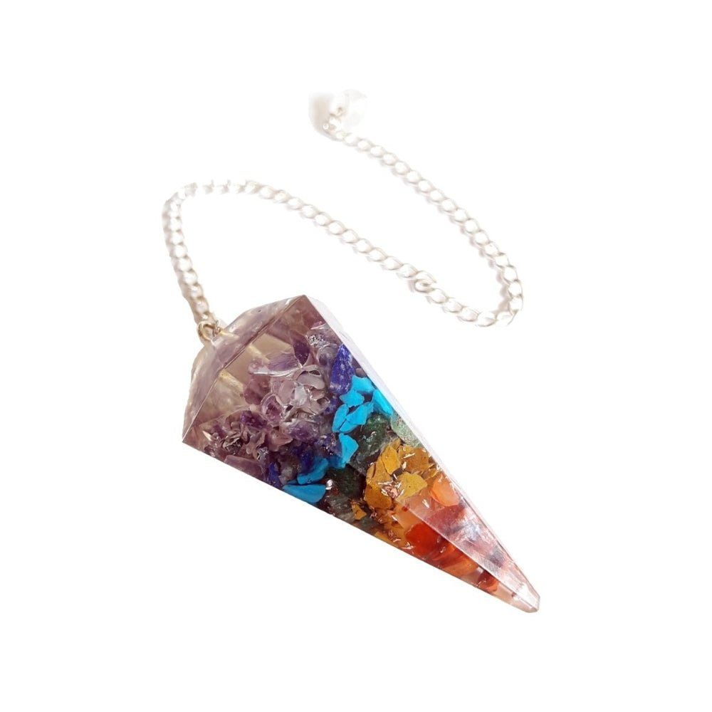 Péndulo de Orgonita con las gemas de los Siete Chakras