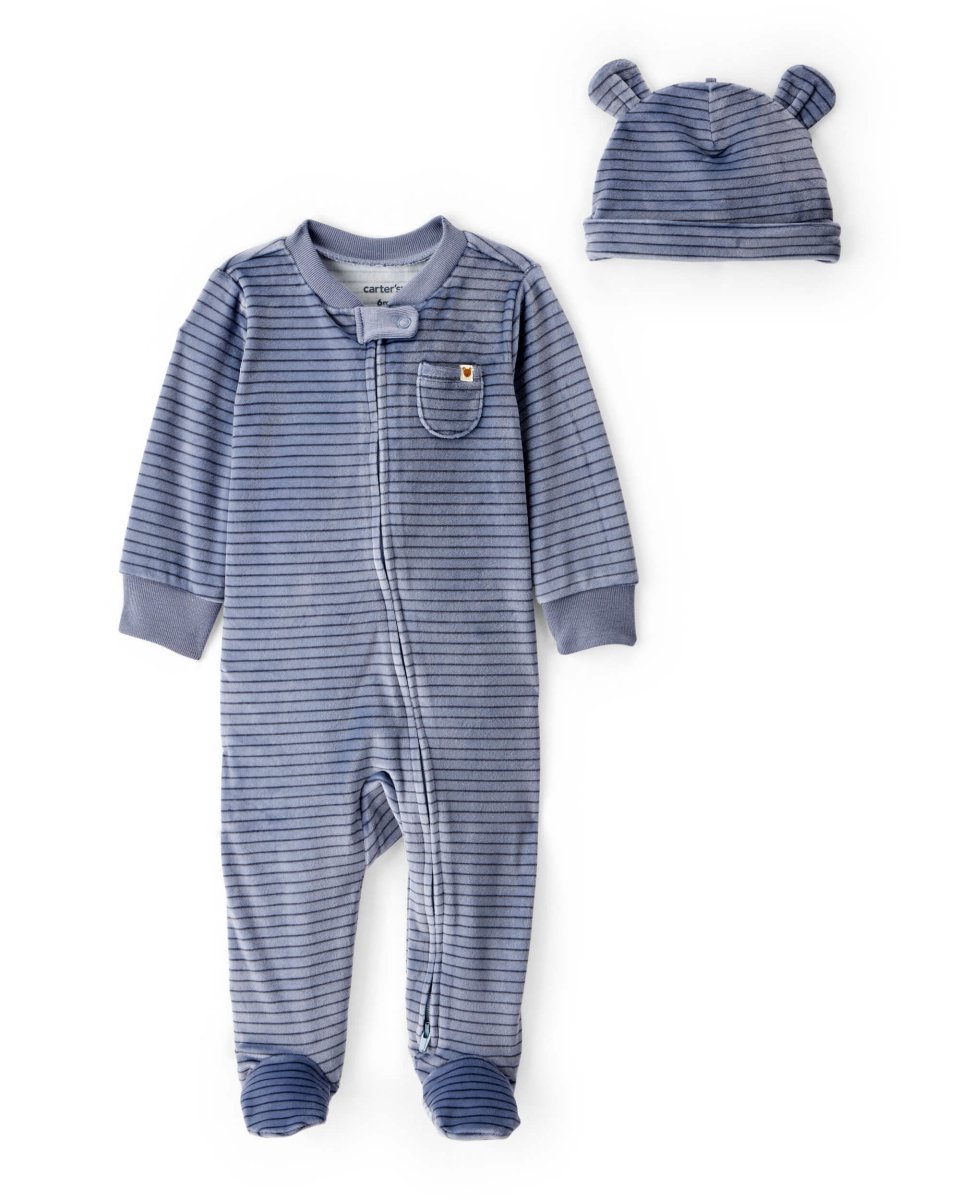 Pijama dos piezas de felpa con gorro azul