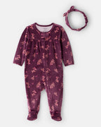 Pijama dos piezas de felpa floral con cinta para el pelo granate