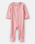 Pijama enterizo con pies y ribete floral en algodón acanalado