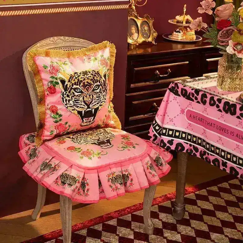 Pink Leopard Face Throw Pillow with Gold Fringe 22"
