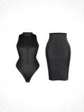 Shapewear Mock Neck Leather Sculpting Bodysuit Skirt Set