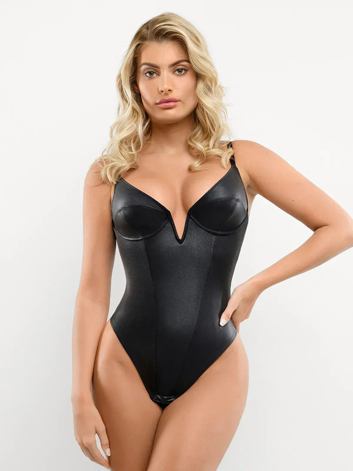 Shapewear Faux Leather Plunging V Sculpting Corset Bodysuit