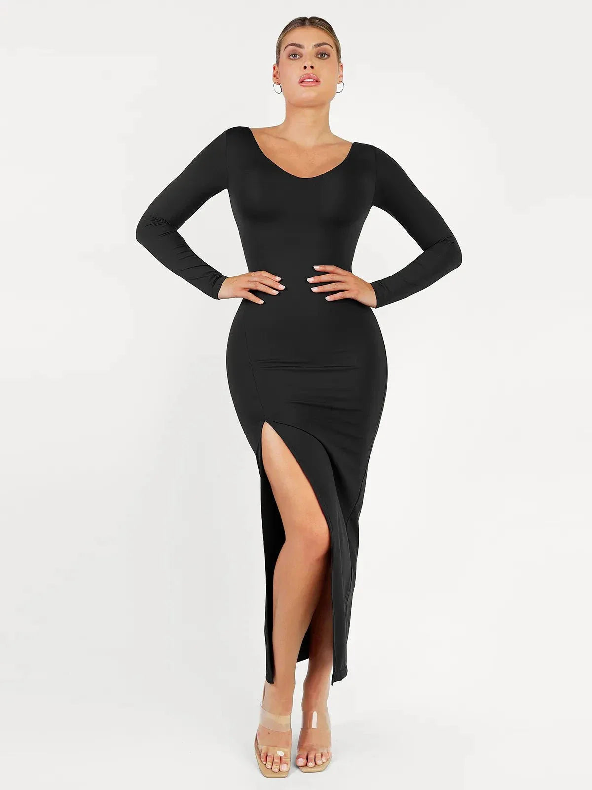 Shapewear Long Sleeve V-Neck Low Back Slimming Maxi Dress