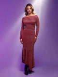 Shapewear Metallic Knit Long Sleeve Slim Mermaid Maxi Dress