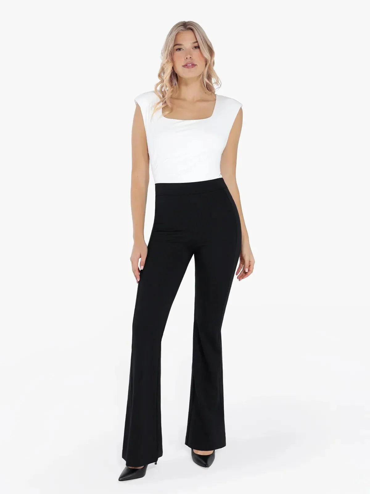 Shapewear Padded Shoulder Slimming Bodysuit Flare-Leg Pants Set