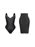 Shapewear Sculpting Faux Leather Lace Bodysuit Skirt Set