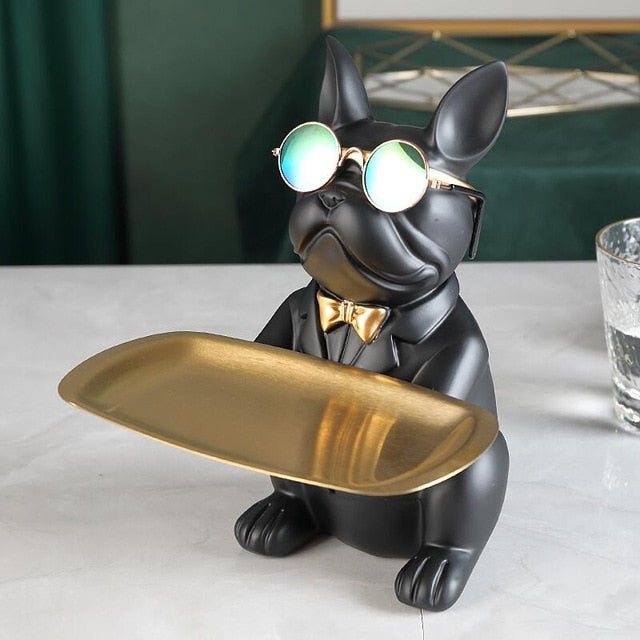 ArtZ® Bulldog Sculpture Table Tray and Piggy Bank - Black With Coin Bank