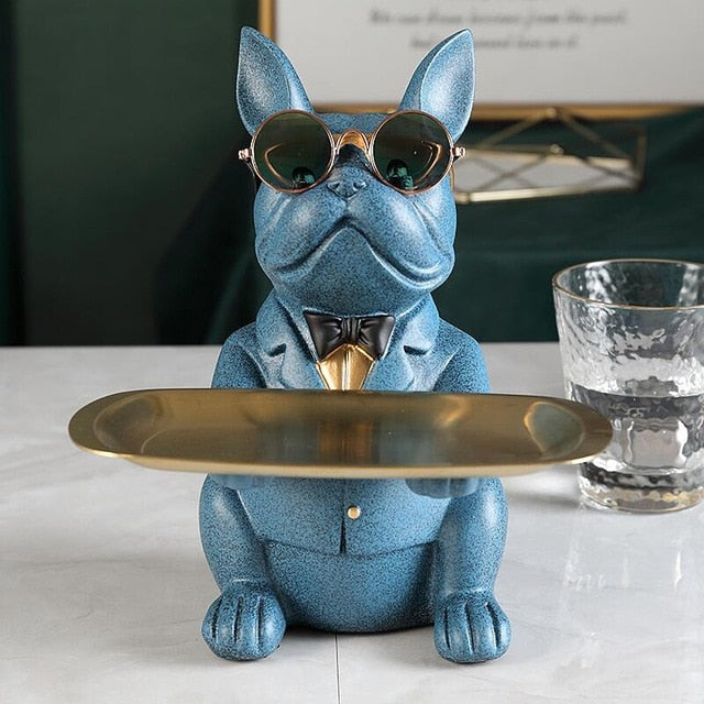 ArtZ® Bulldog Sculpture Table Tray and Piggy Bank - Blue With Coin Bank