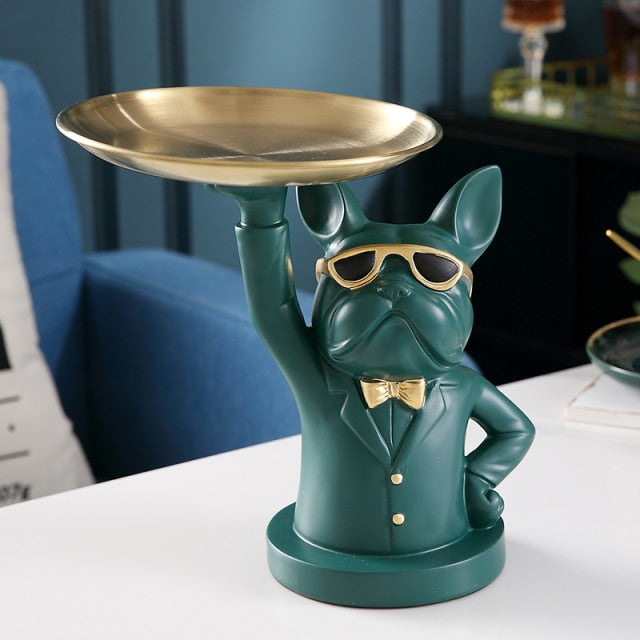 ArtZ® Bulldog Sculpture Table Tray and Piggy Bank - Green No Coin Bank