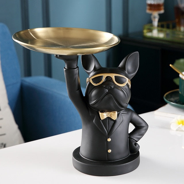 ArtZ® Bulldog Sculpture Table Tray and Piggy Bank - Black No Coin Bank