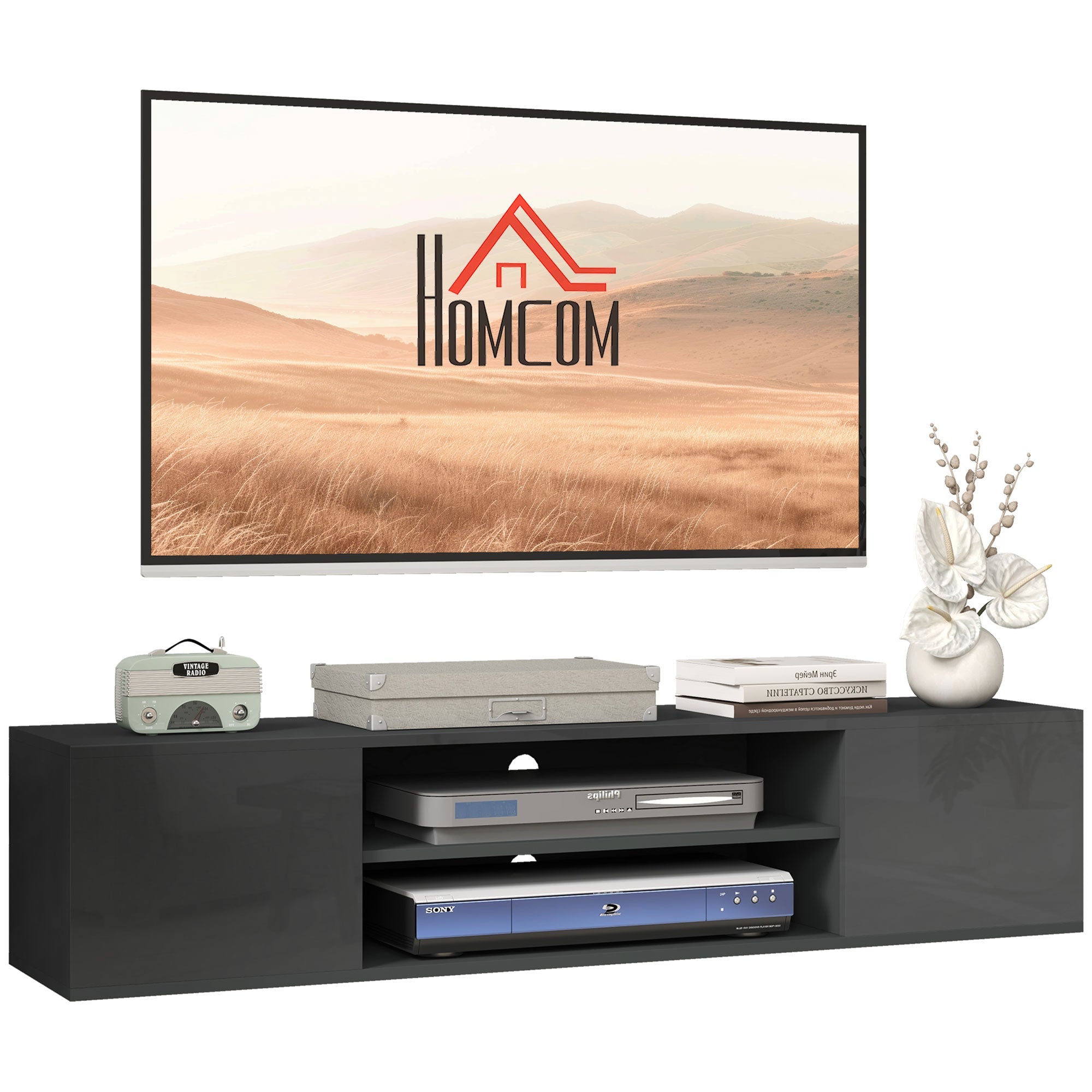 Floating TV Stand Cabinet for TVs up to 60", Wall Mounted TV Unit w/ Open Shelf, Cupboards, Grey