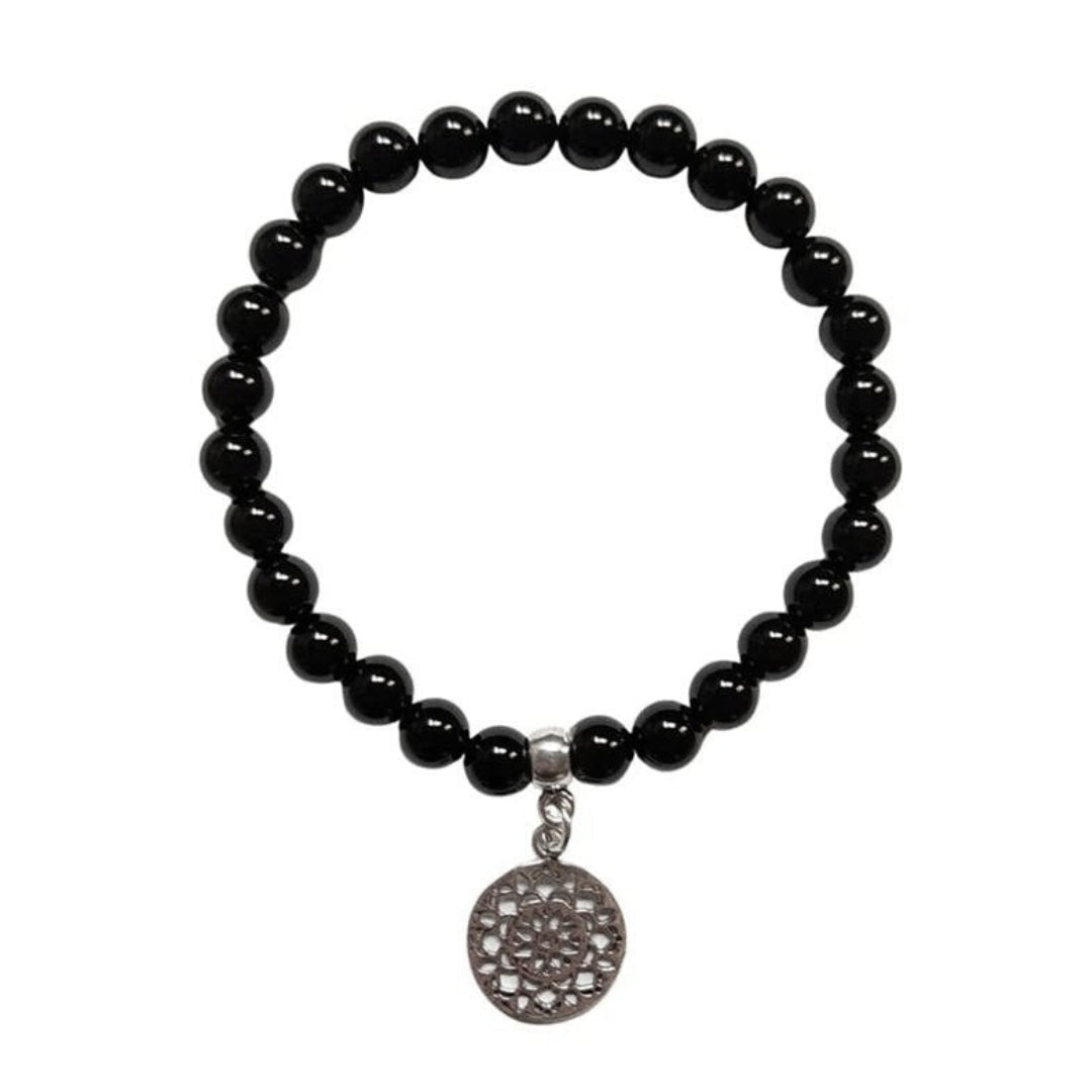 Pulsera de Ágata Negra y Mandala en Plata de Ley