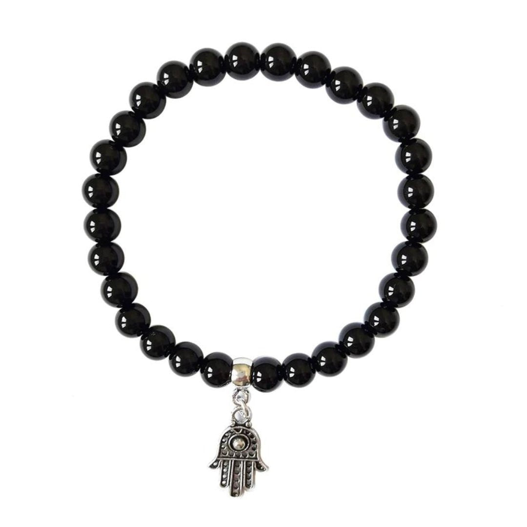 Pulsera de Ágata Negra y Mano de Fátima en Plata de Ley