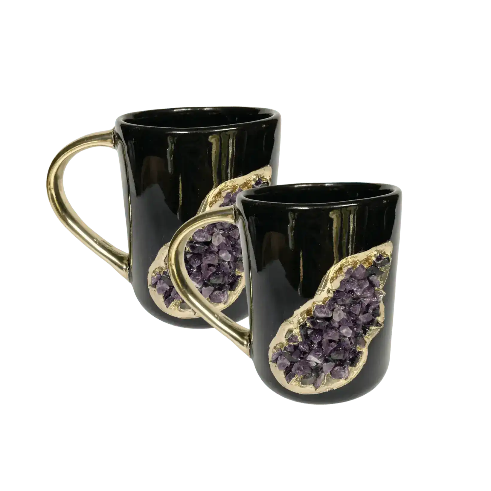 Purple Amethyst Black Mug with Gold Handle - Set of 2