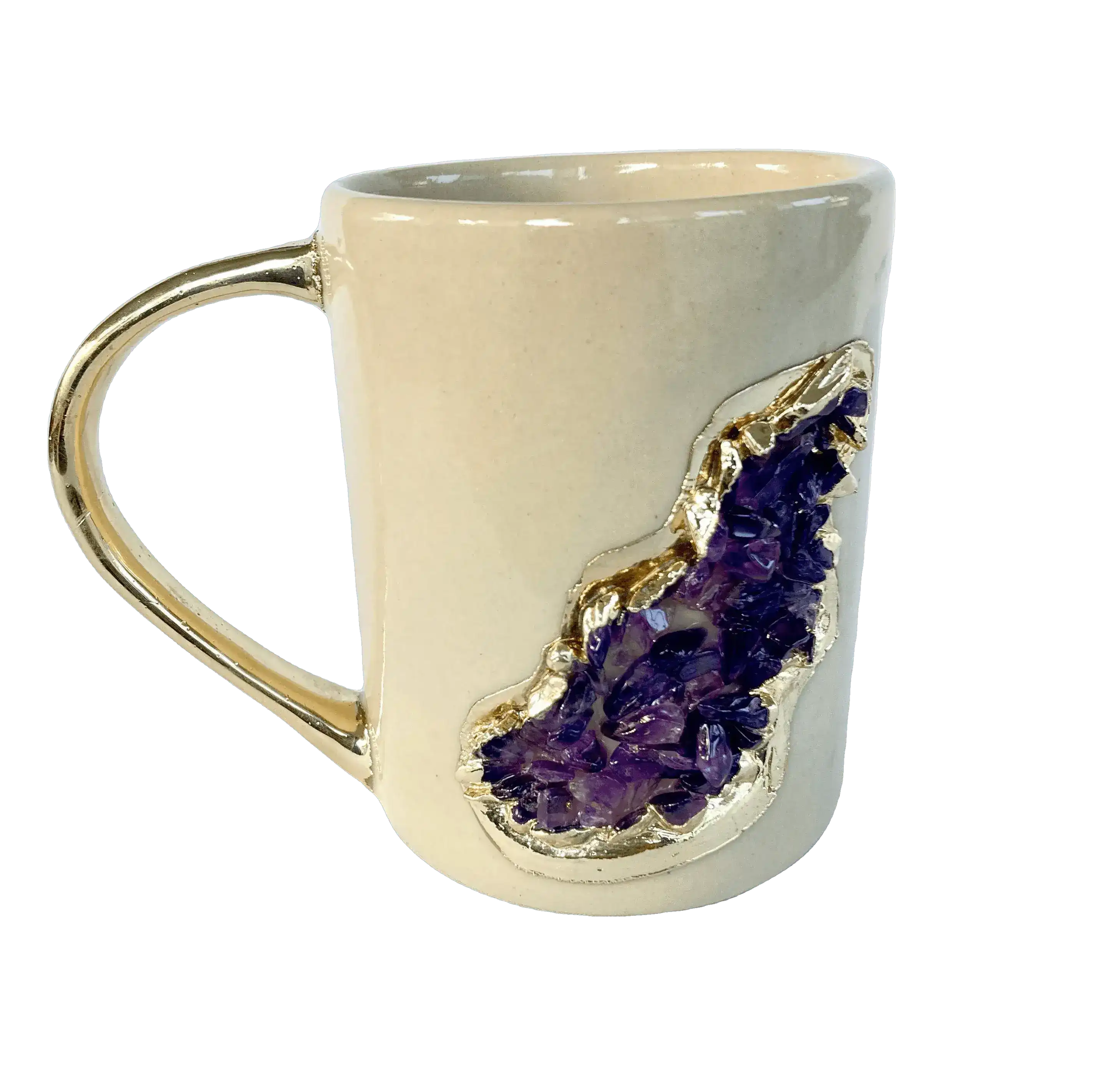 Purple Amethyst Crystal Ceramic Mug with Gold Handle - Set of 2