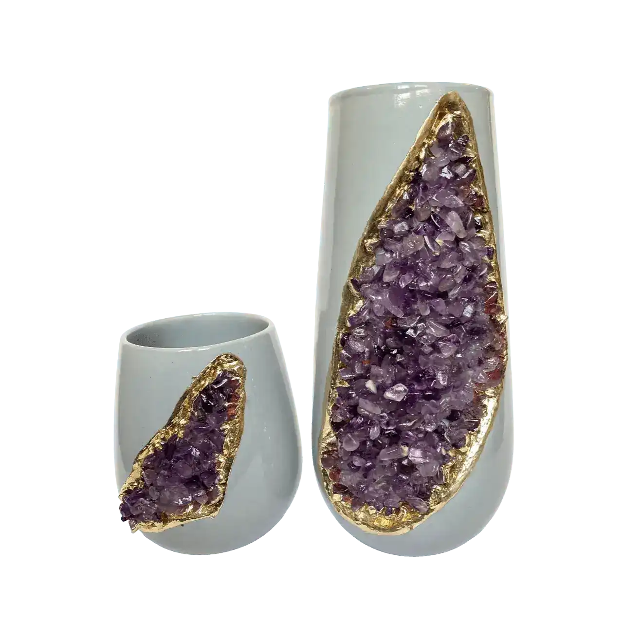 Purple Amethyst Crystal Grey and Gold Ceramic Vase