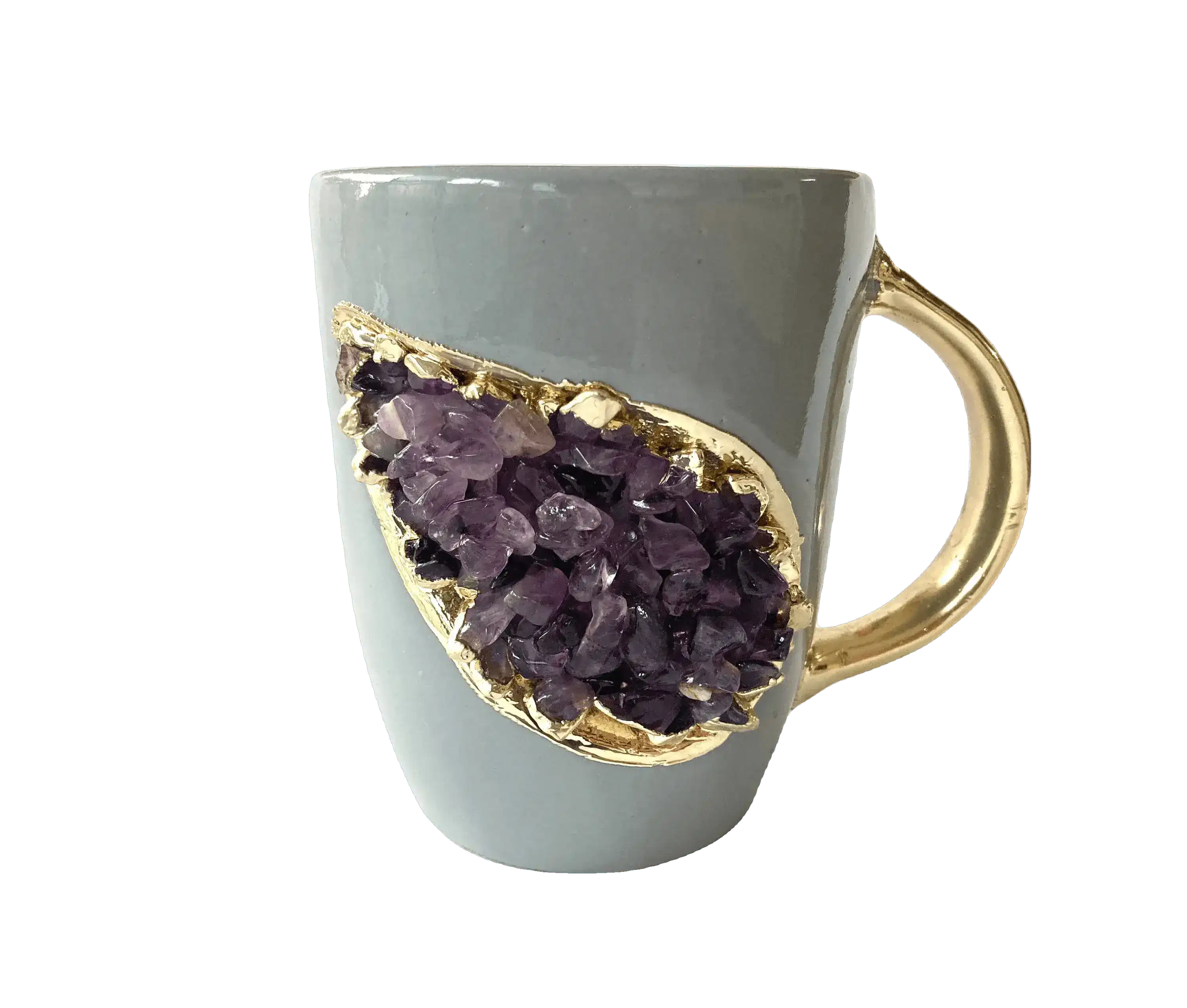 Purple Quartz Marbled Gray Ceramic Coffee Mug with Gold Handle - Set of 2
