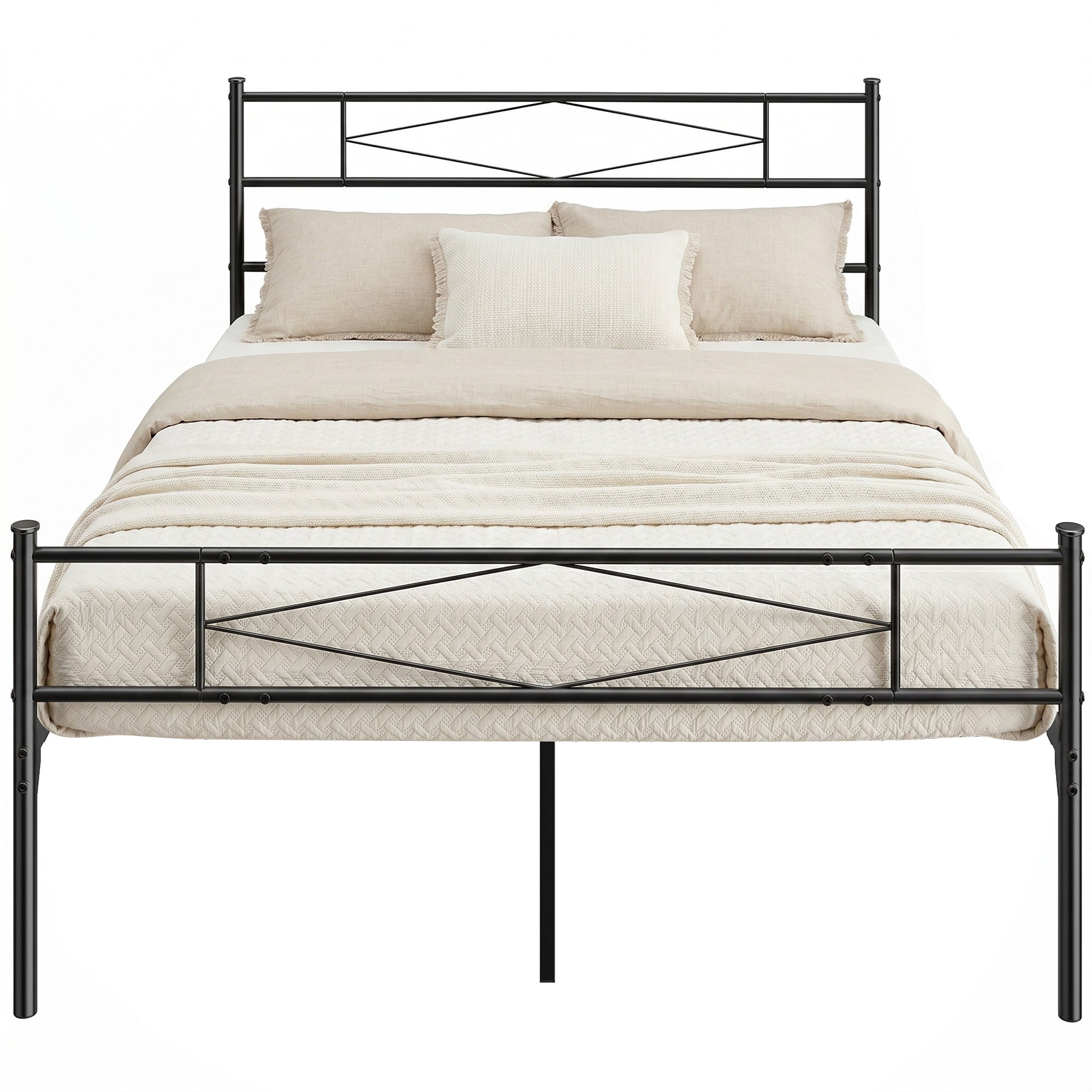 4ft6 Double Metal Platform Bed Frame with Headboard, Footboard & 32 cm Underbed Storage, Noise-Free Steel Slat Support, Black