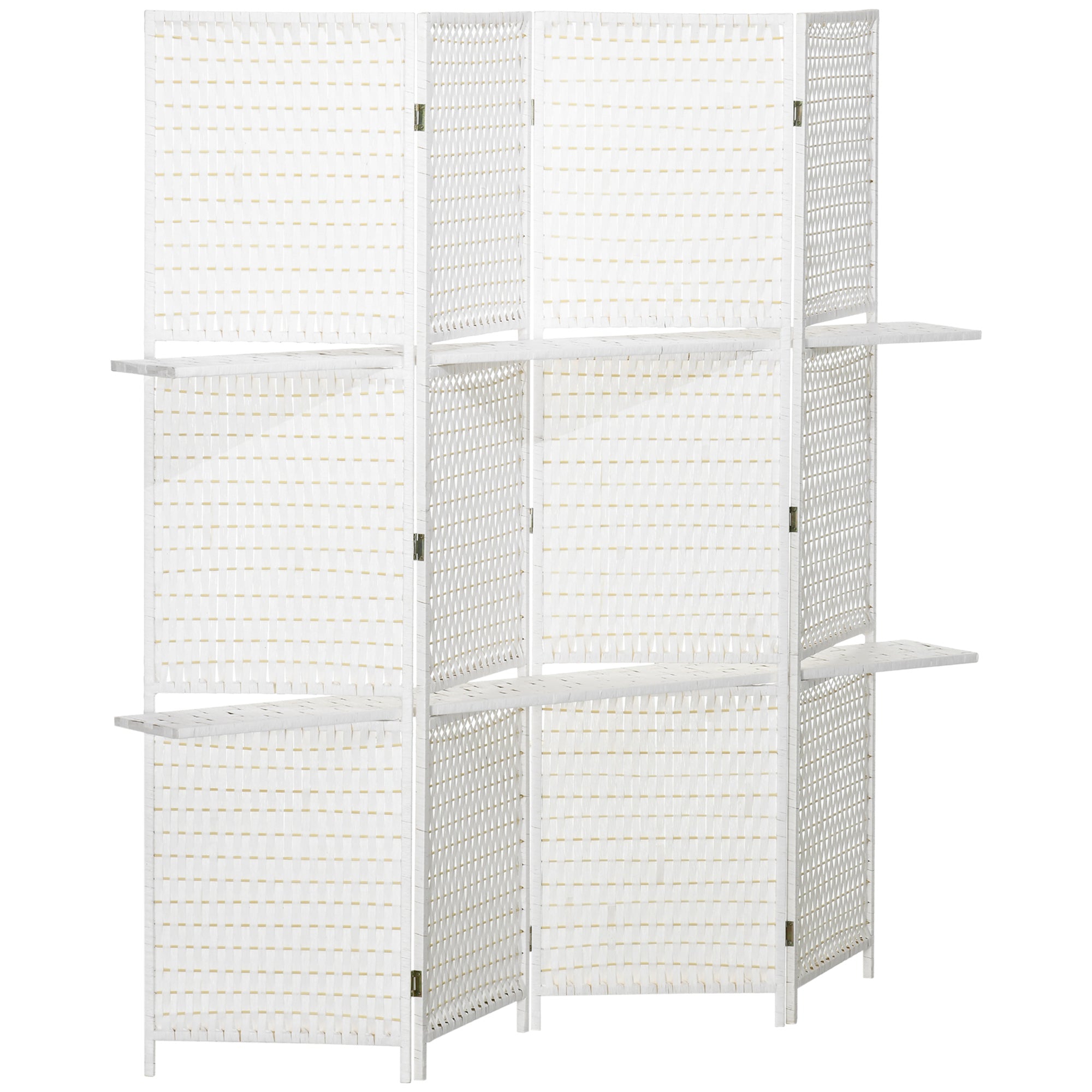 4 Panel Room Divider with Shelves, 6 FT Wave Fibre Freestanding Folding Privacy Screen, Partition Wall Divider, White
