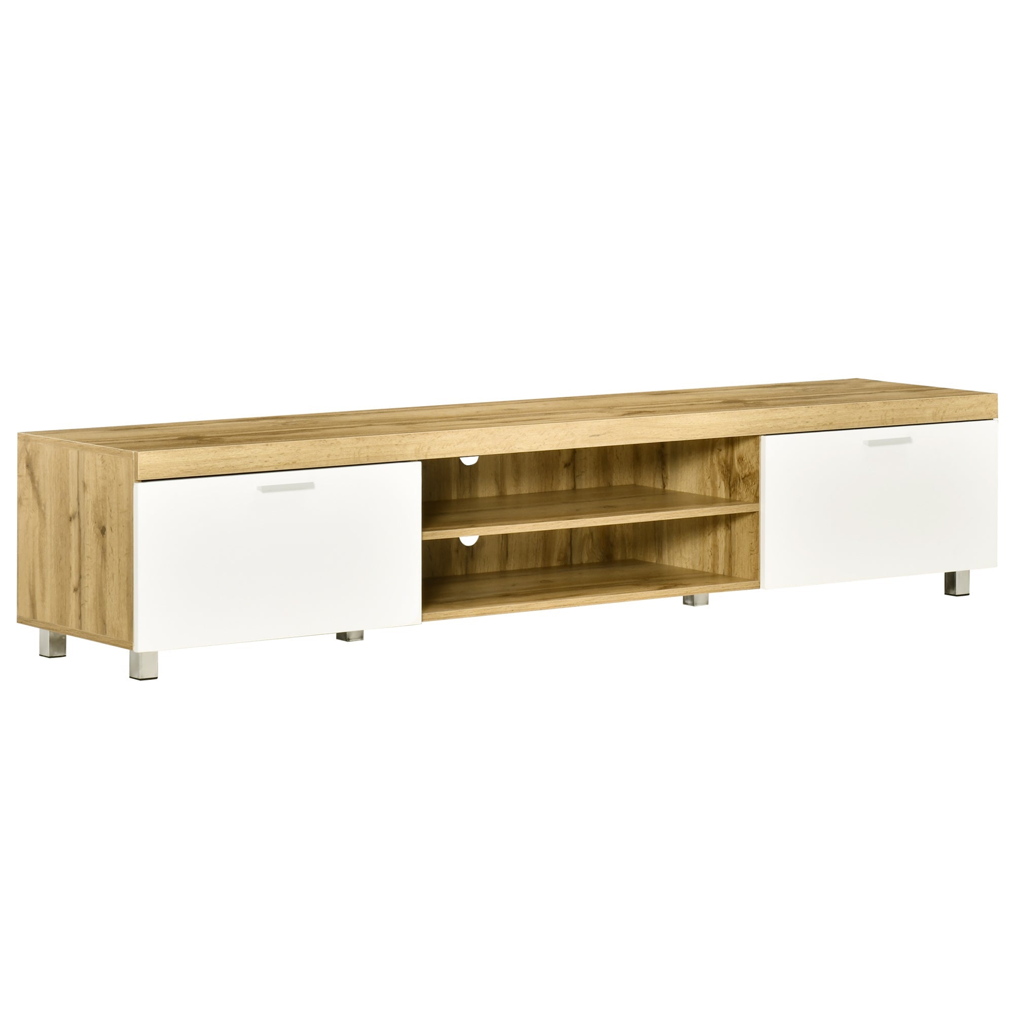 200cm TV Cabinet for TVs up to 90" with Storage & Open Shelves, White and Light Brown