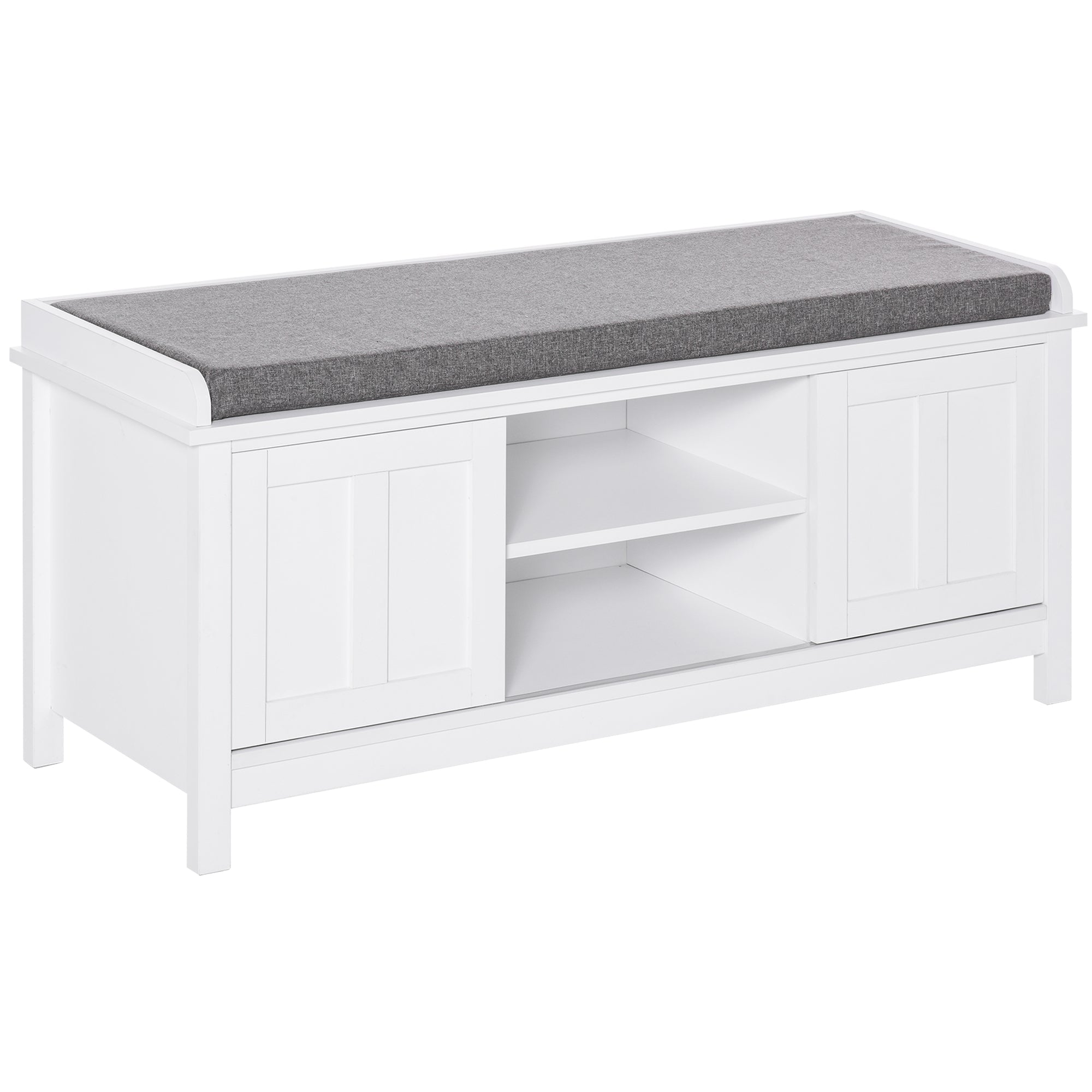 Modern Shoe Storage Bench with Cushion & 2 Sliding Doors, Holds 10 Pairs, White
